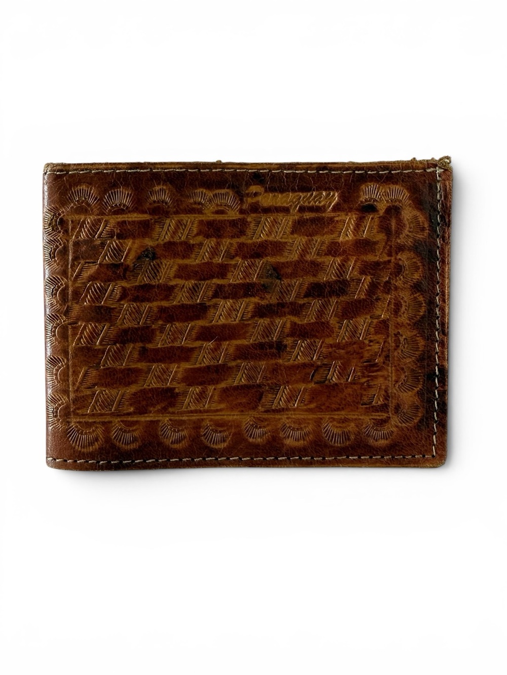 Vintage Tooled Leather Bifold Wallet Basket Weave Brown Western Cowboy Unisex